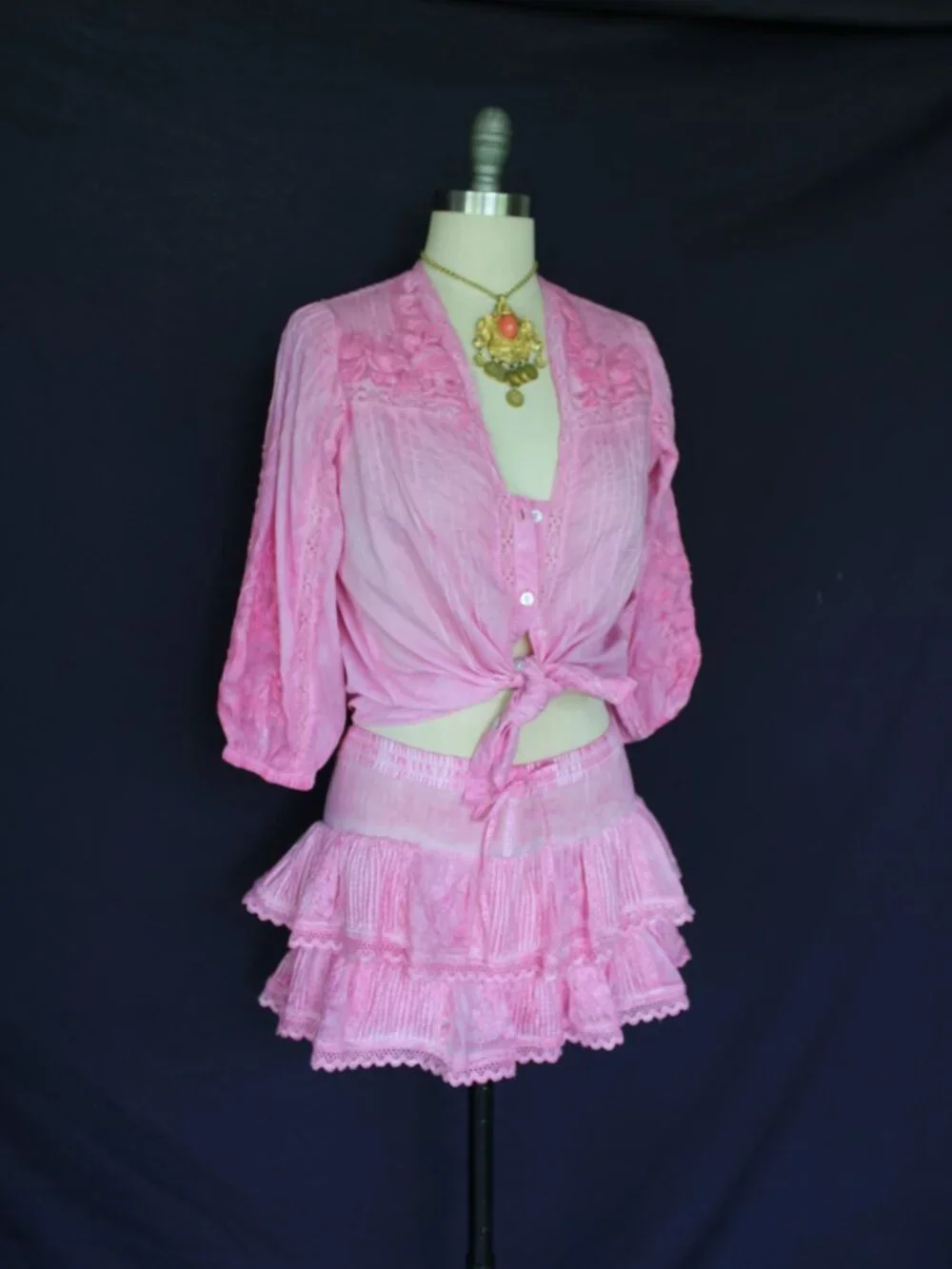 Muche & Muchette Coquette Skort skirt & top dress set blouse Pink embroidered